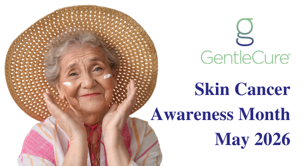 Smiling person wearing a straw hat and applying sunscreen on their cheeks, next to the GentleCure logo, and the text, “Skin Cancer Awareness Month, May 2026.”